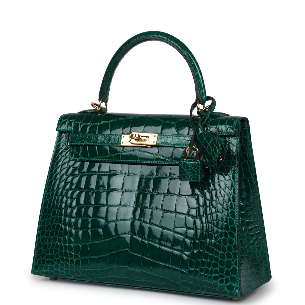 Pre-owned Hermes Kelly Sellier 25 Emerald Shiny Alligator Gold Hardware