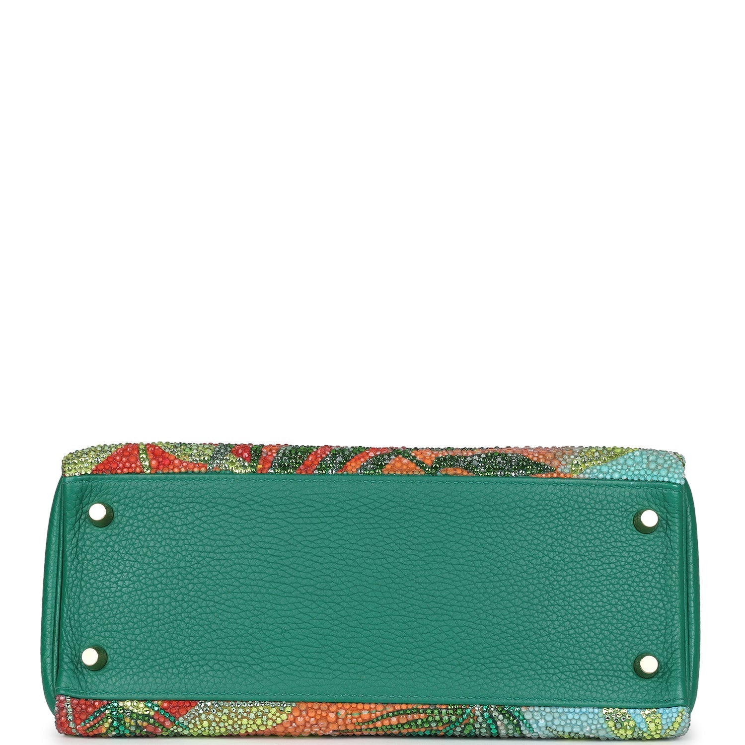 Custom Tropical Swarovski Crystal Hermes Kelly Retourne 28 Vert Vertigo Clemence Gold Hardware