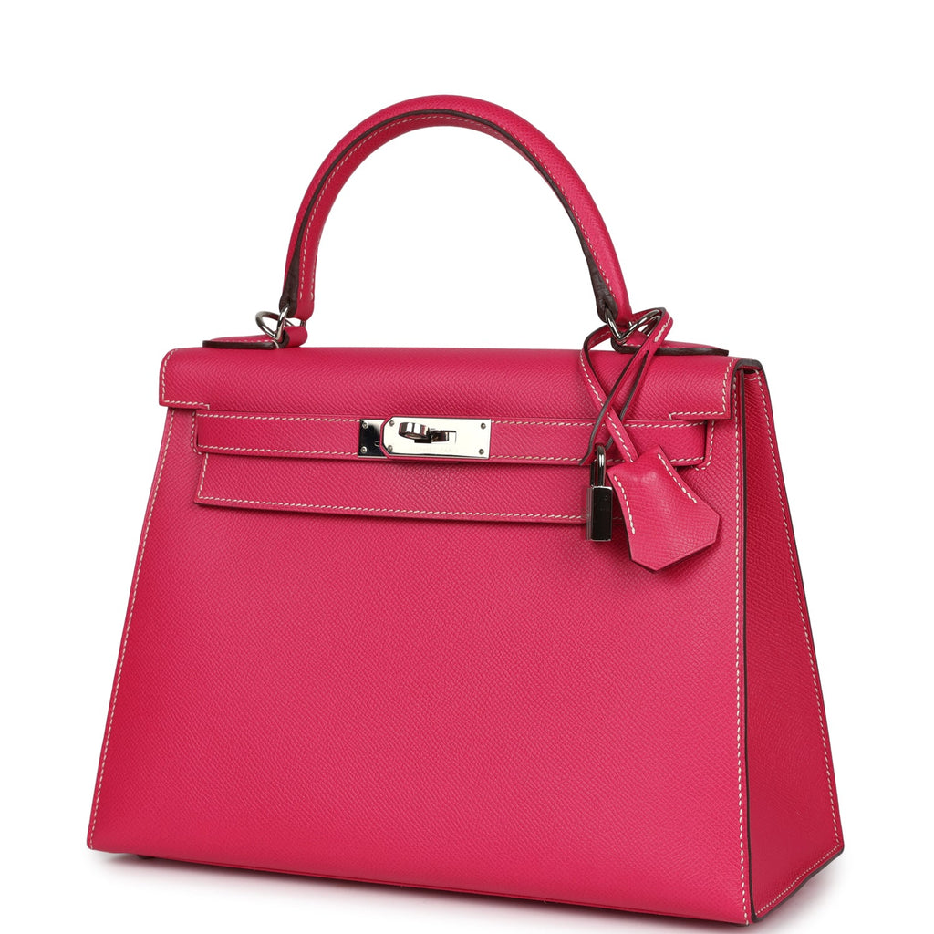Pre-owned Hermes Kelly Sellier 28 Rose Tyrien Epsom Palladium Hardware