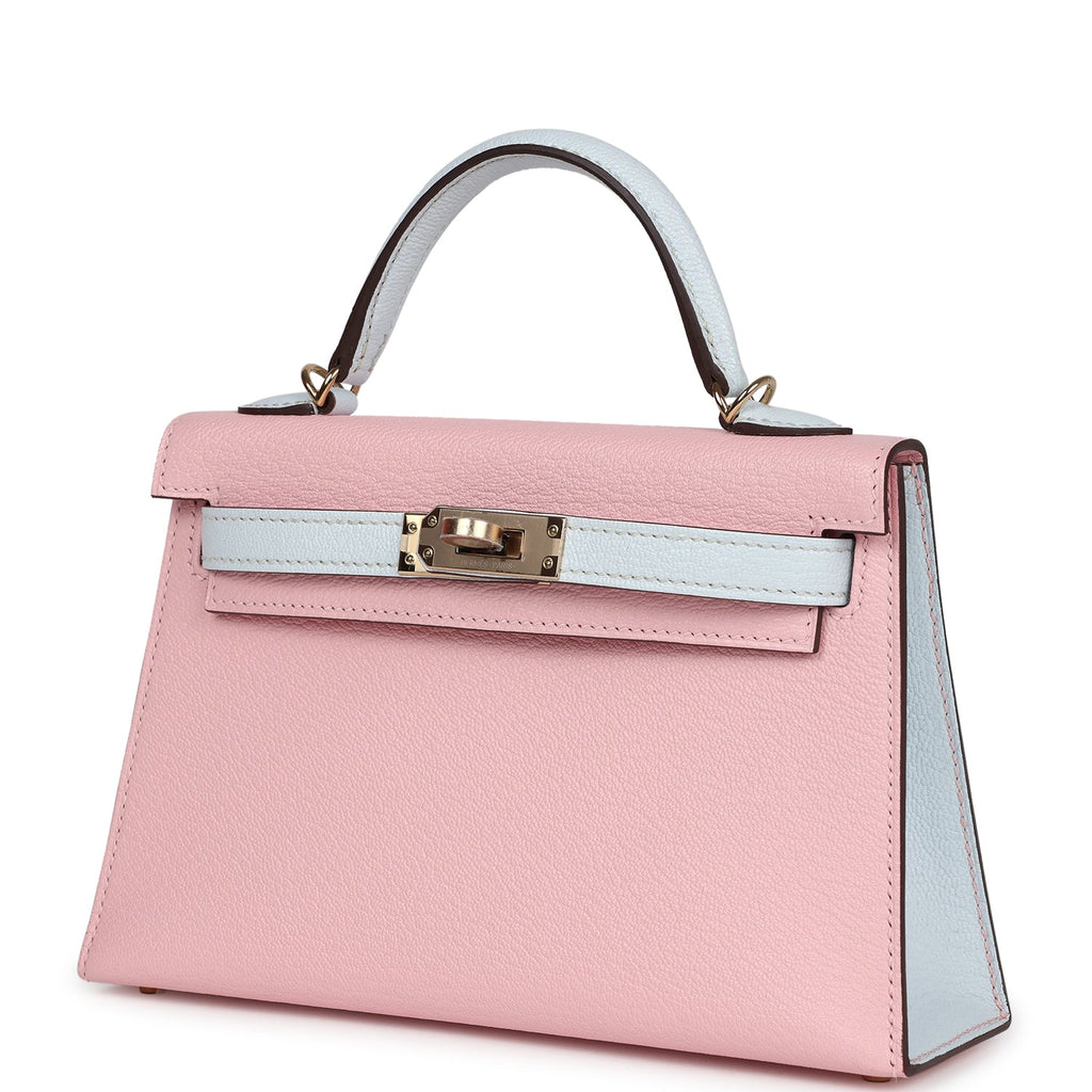Hermes Special Order (HSS) Kelly Sellier 20 Rose Sakura and Bleu Brume Chevre Permabrass Hardware