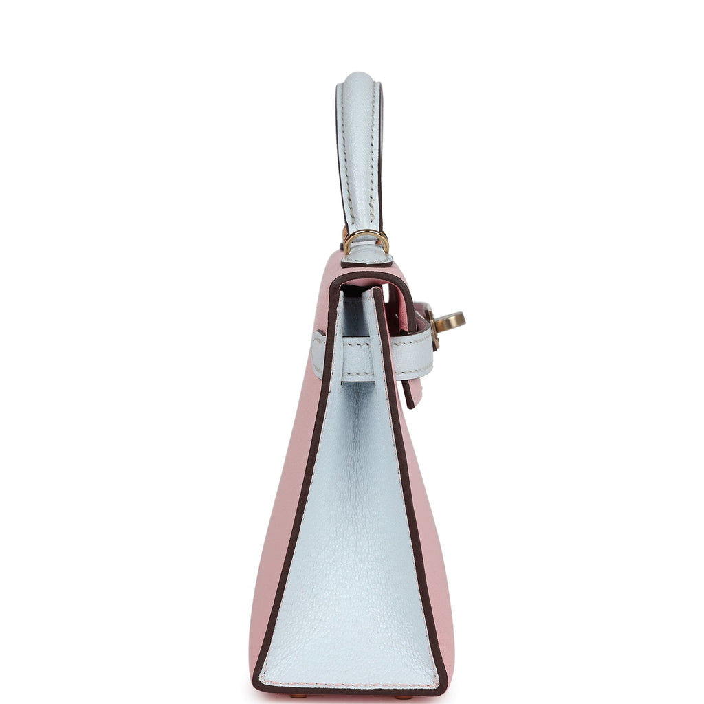 Hermes Special Order (HSS) Kelly Sellier 20 Rose Sakura and Bleu Brume Chevre Permabrass Hardware