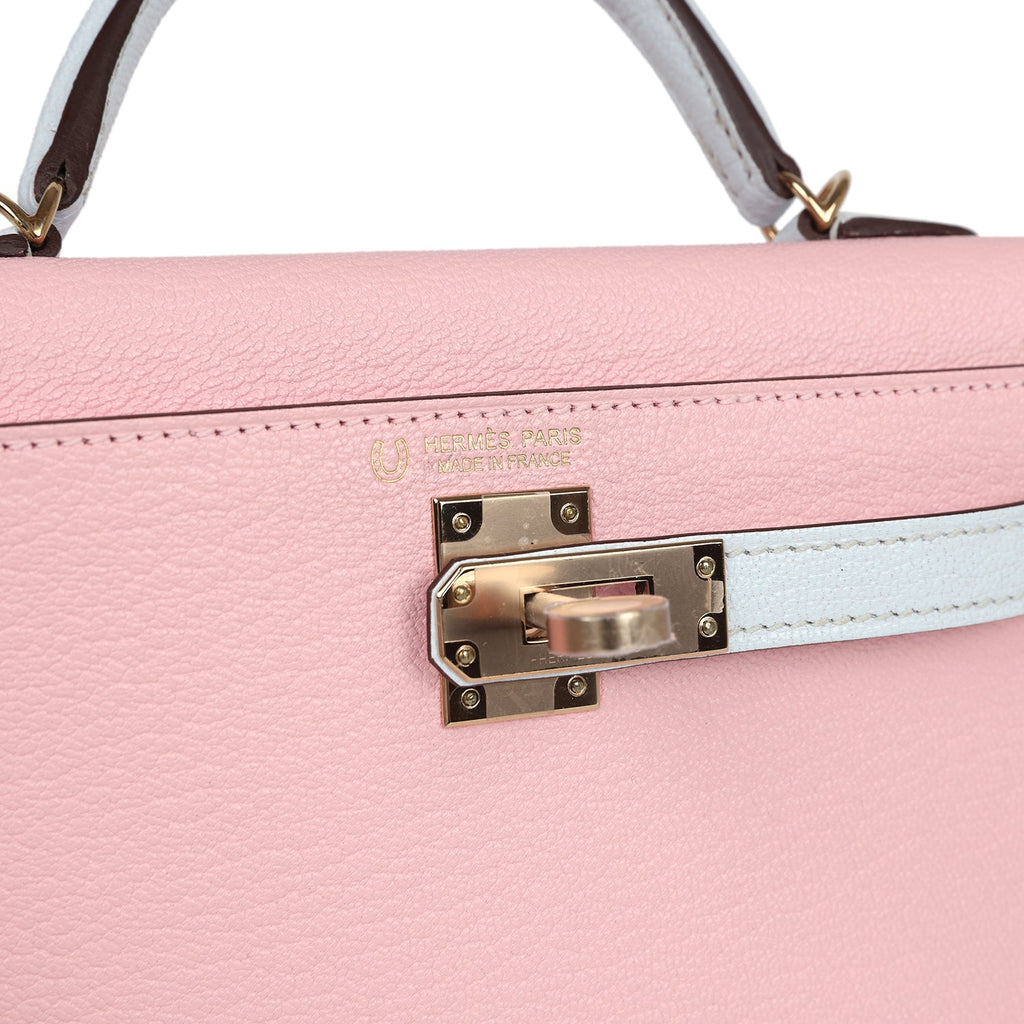 Hermes Special Order (HSS) Kelly Sellier 20 Rose Sakura and Bleu Brume Chevre Permabrass Hardware