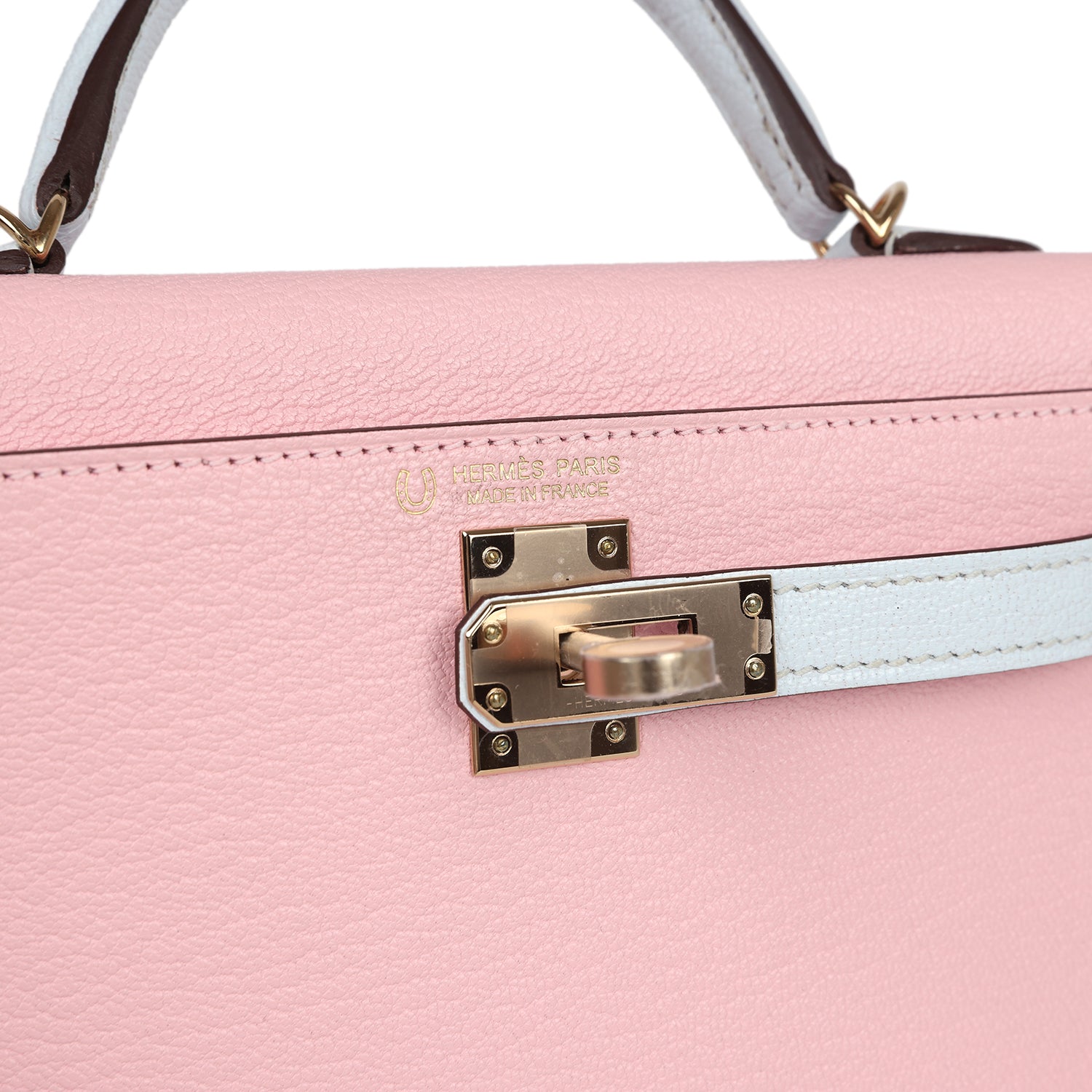 Hermes Special Order (HSS) Kelly Sellier 20 Rose Sakura and Bleu Brume Chevre Permabrass Hardware