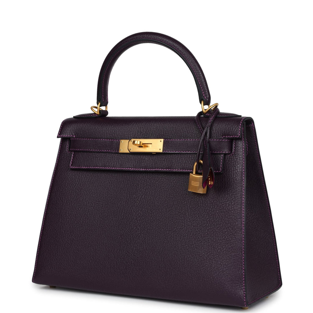 Pre-owned Hermes Special Order (HSS) Kelly Sellier 28 Raisin Verso Chevre Brushed Gold Hardware