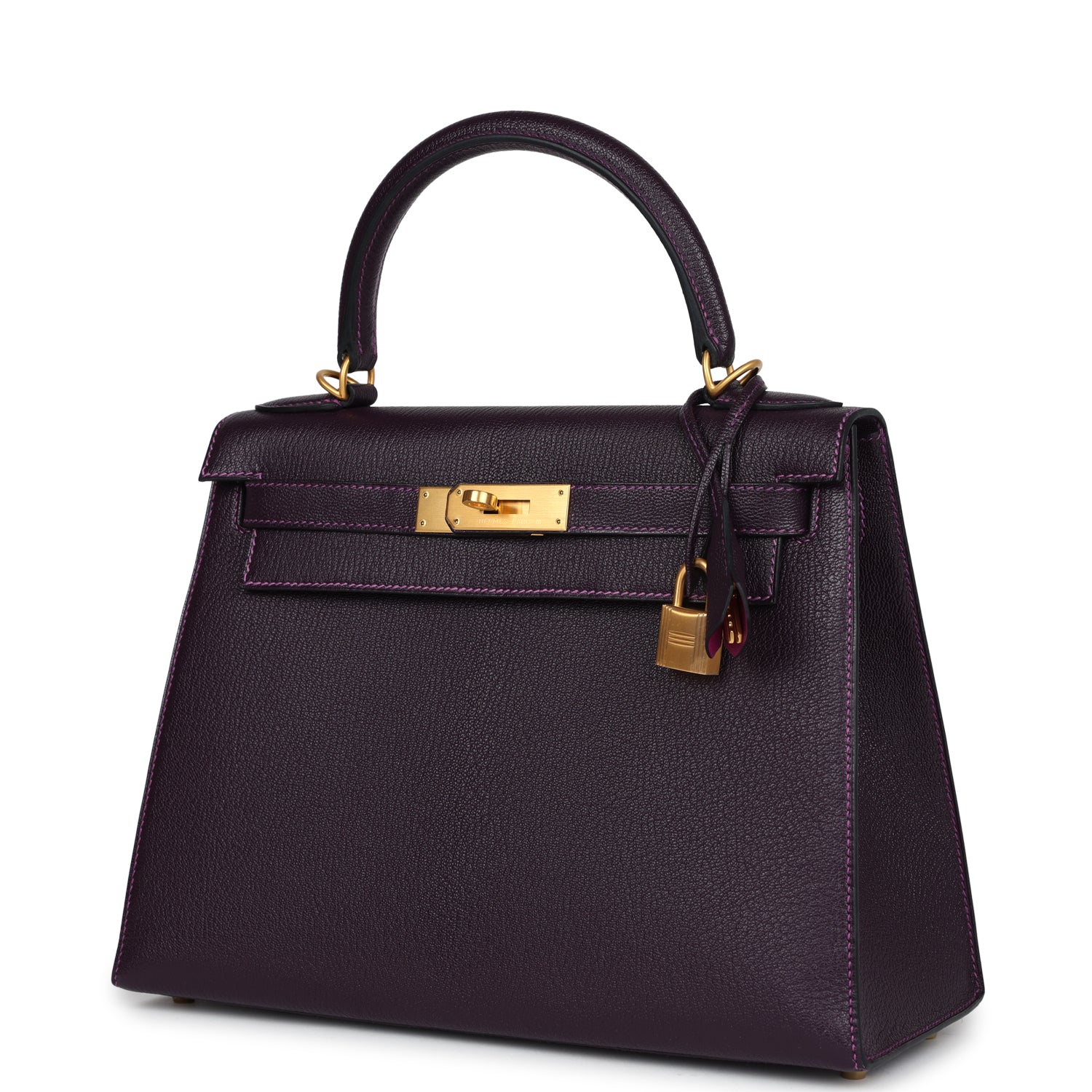 Pre-owned Hermes Special Order (HSS) Kelly Sellier 28 Raisin Verso Chevre Brushed Gold Hardware