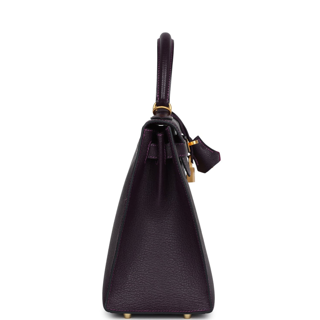 Pre-owned Hermes Special Order (HSS) Kelly Sellier 28 Raisin Verso Chevre Brushed Gold Hardware