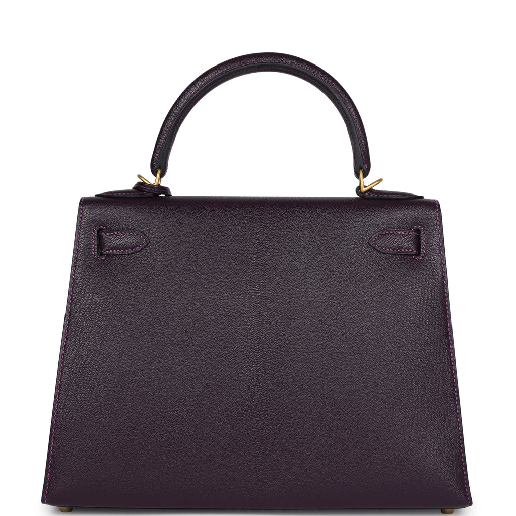 Pre-owned Hermes Special Order (HSS) Kelly Sellier 28 Raisin Verso Chevre Brushed Gold Hardware