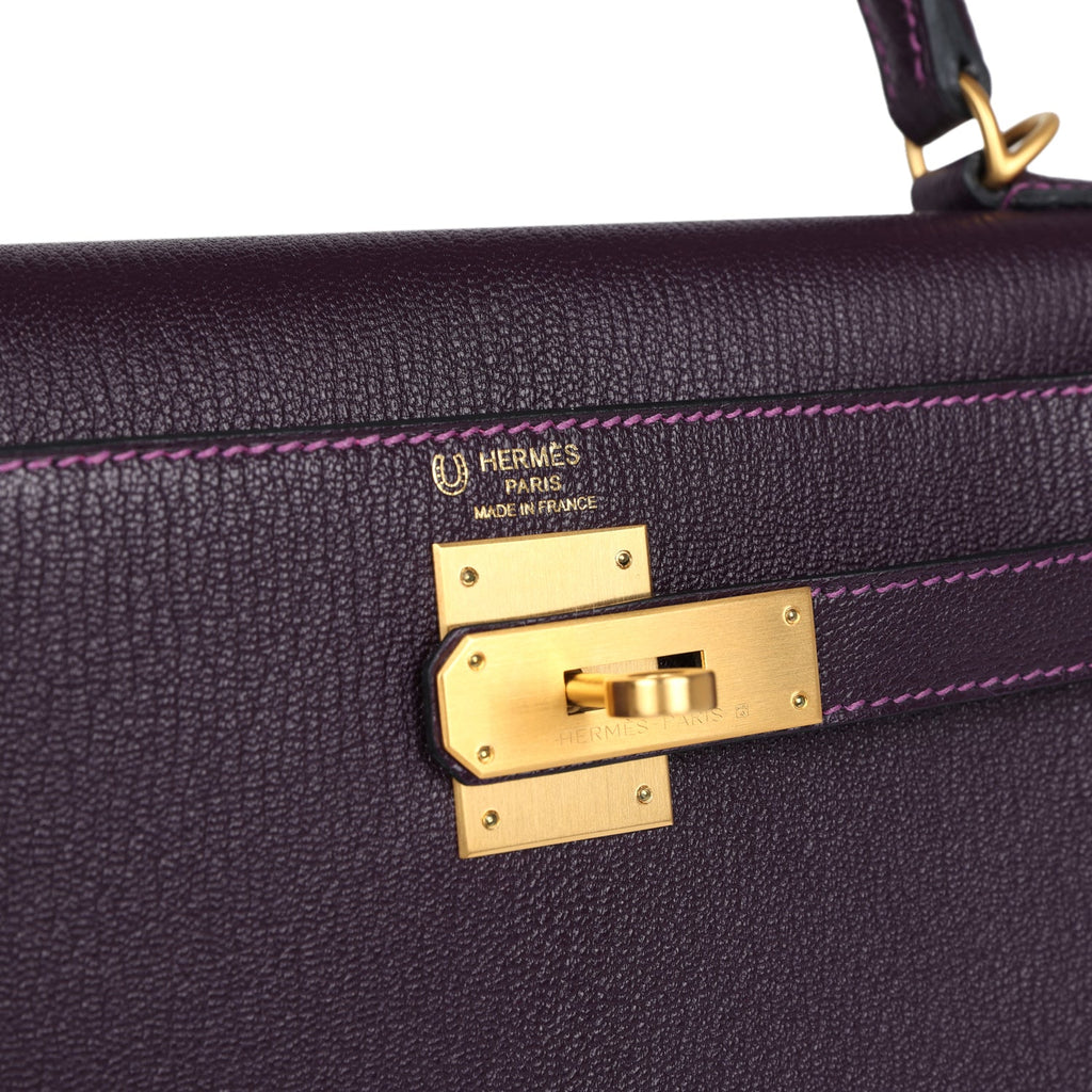 Pre-owned Hermes Special Order (HSS) Kelly Sellier 28 Raisin Verso Chevre Brushed Gold Hardware