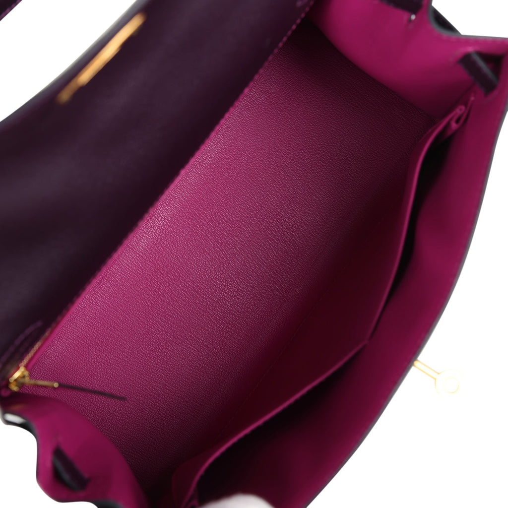 Pre-owned Hermes Special Order (HSS) Kelly Sellier 28 Raisin Verso Chevre Brushed Gold Hardware