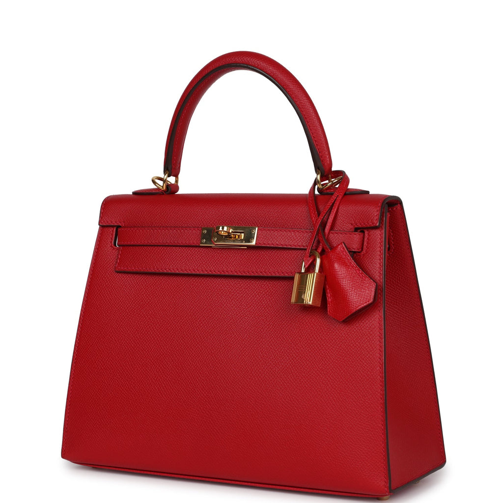 Pre-Owned Hermes Kelly Sellier 25 Rouge Casaque Epsom Gold Hardware