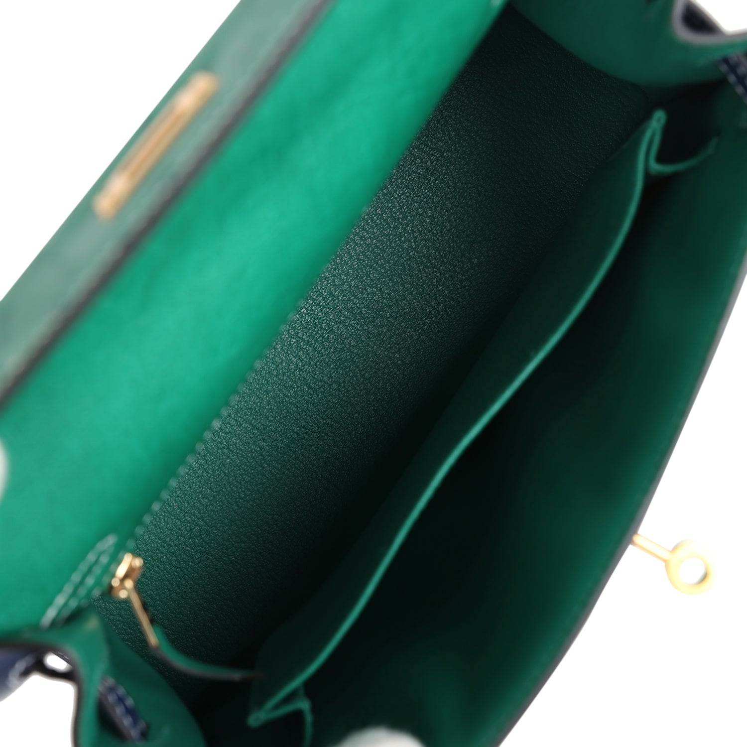 Pre-owned Hermes Special Order (HSS) Kelly Sellier 25 Vert Vertigo and Bleu Iris Ostrich Brushed Gold Hardware