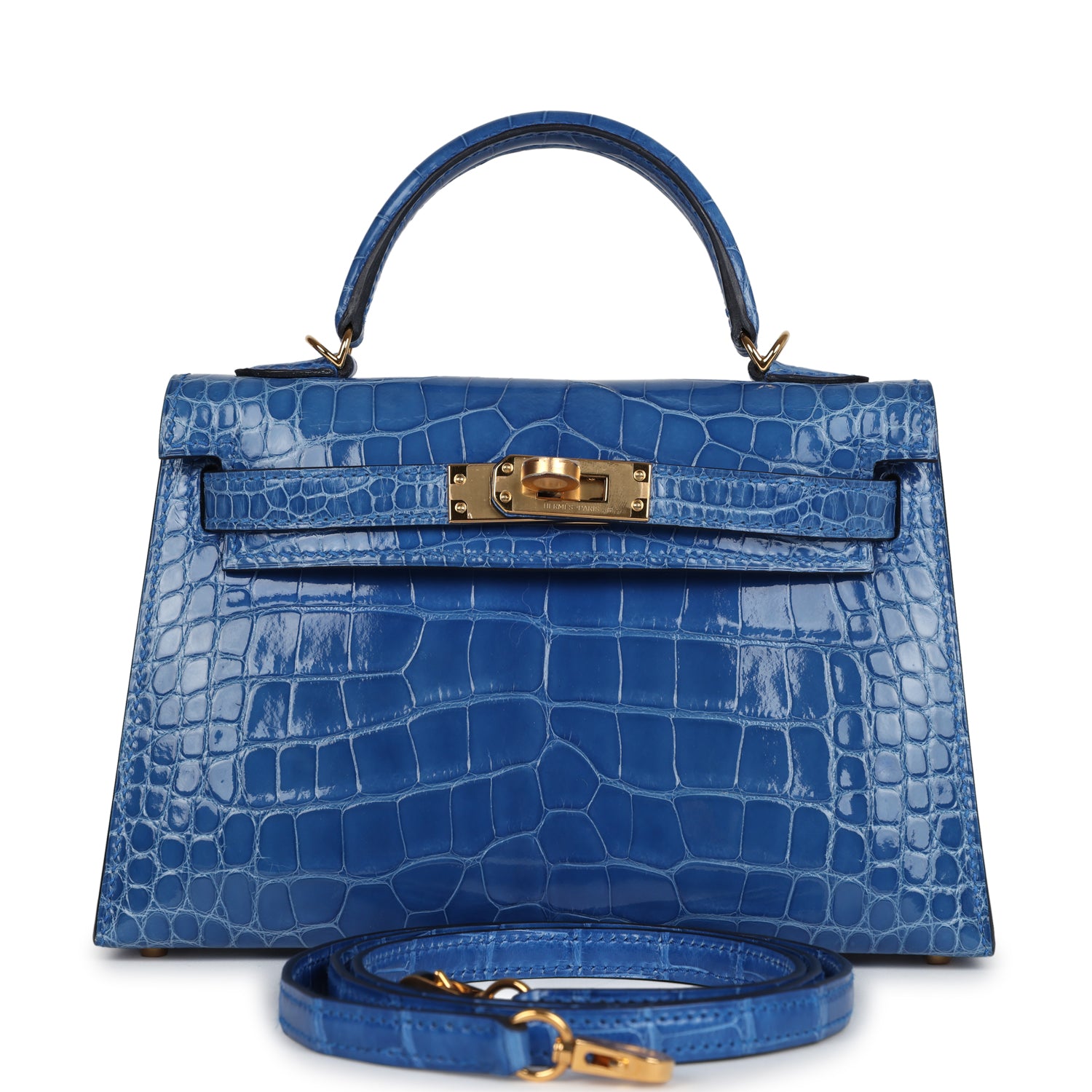 Hermes Kelly Sellier 20 Bleu Zellige Shiny Alligator Gold Hardware