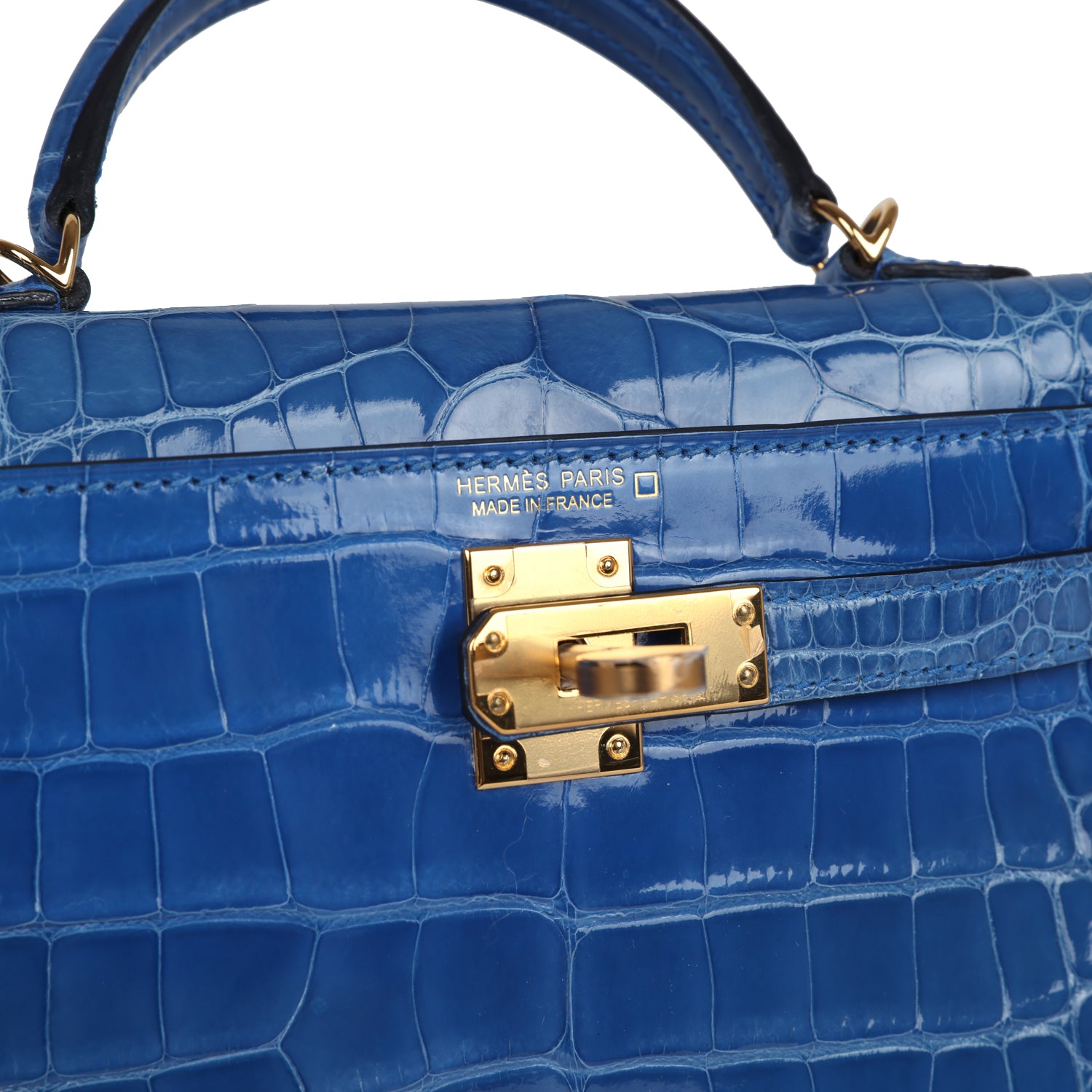 Hermes Kelly Sellier 20 Bleu Zellige Shiny Alligator Gold Hardware