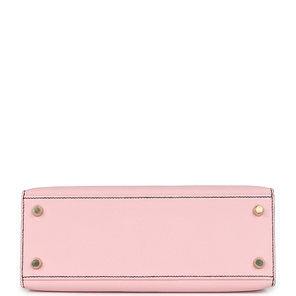 Hermes Special Order (HSS) Kelly Sellier 25 Rose Sakura and Black Chevre Mysore Brushed Gold Hardware