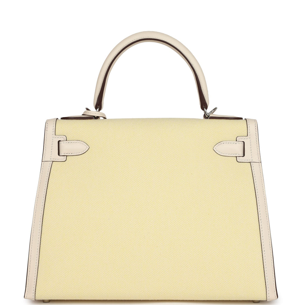 Hermes Kelly Sellier 28 Nata Swift and Jaune Citron Toile H Canvas Palladium Hardware
