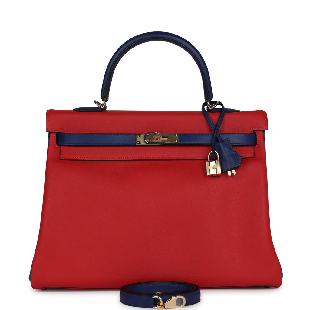 Hermes Special Order (HSS) Kelly Retourne 35 Vermillon and Bleu Saphir Swift Permabrass Hardware