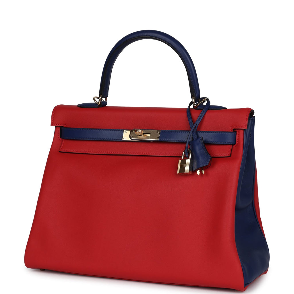 Hermes Special Order (HSS) Kelly Retourne 35 Vermillon and Bleu Saphir Swift Permabrass Hardware