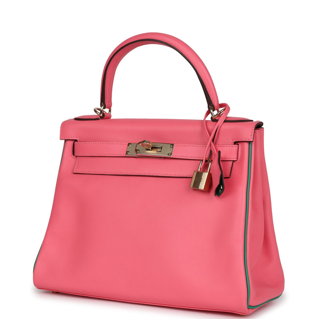 Hermes Special Order (HSS) Kelly Retourne 28 Rose Azalee and Vert Vertigo Swift Gold Hardware