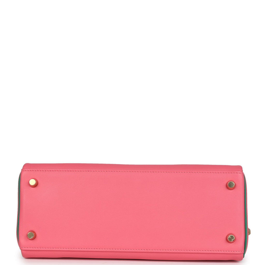 Hermes Special Order (HSS) Kelly Retourne 28 Rose Azalee and Vert Vertigo Swift Gold Hardware