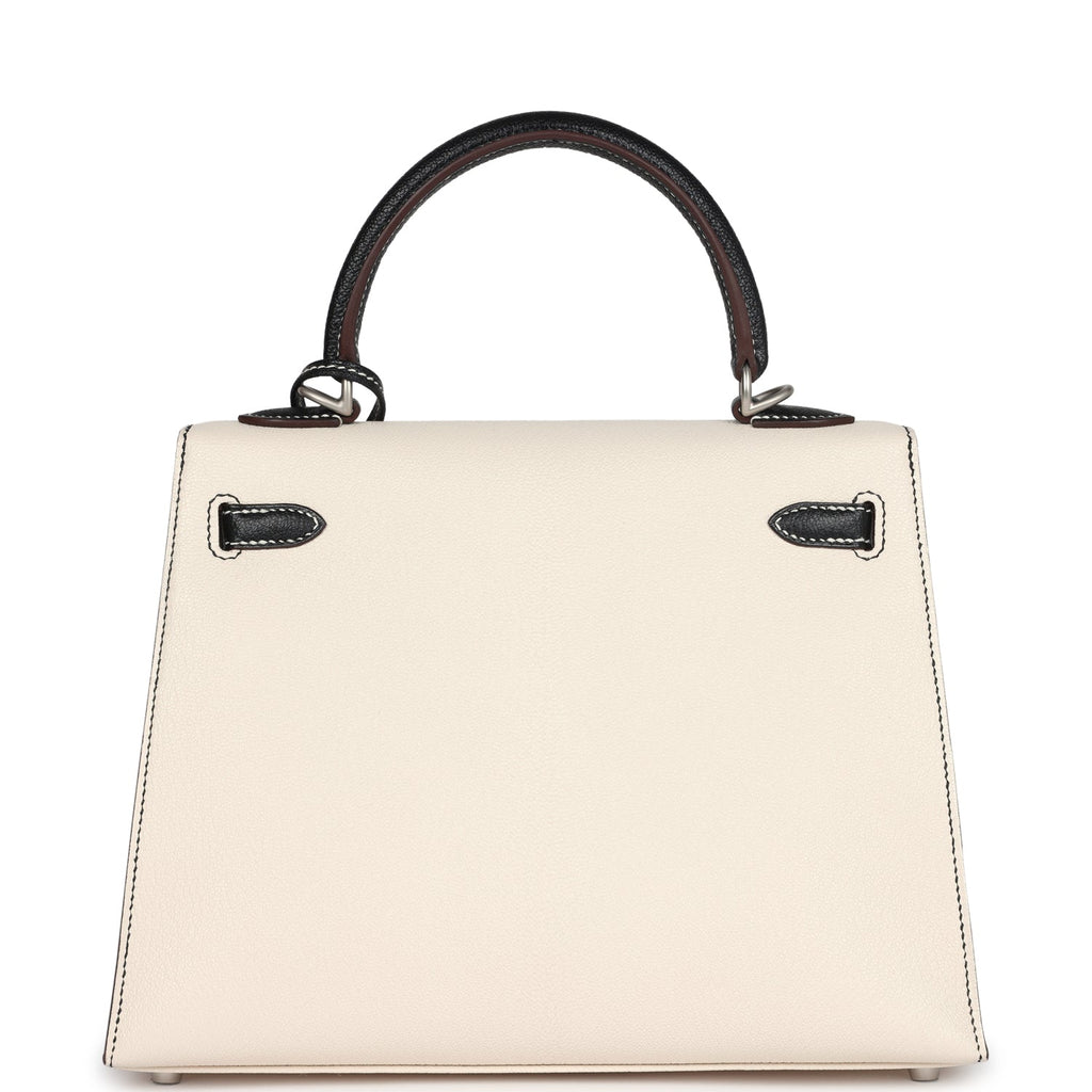 Hermes Special Order (HSS) Kelly Sellier 25 Nata and Black Chevre Mysore Brushed Palladium Hardware