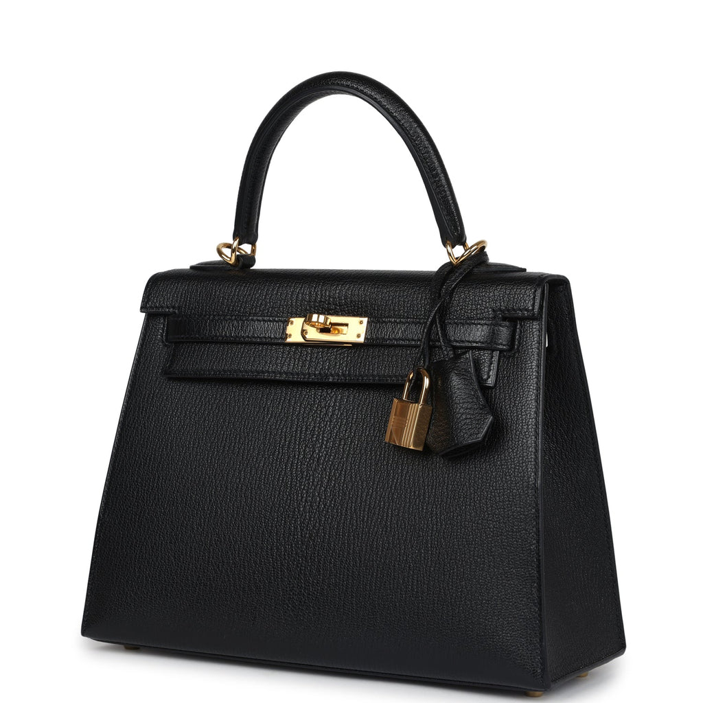 Pre-owned Hermes Kelly Sellier 25 Black Chevre Mysore Gold Hardware