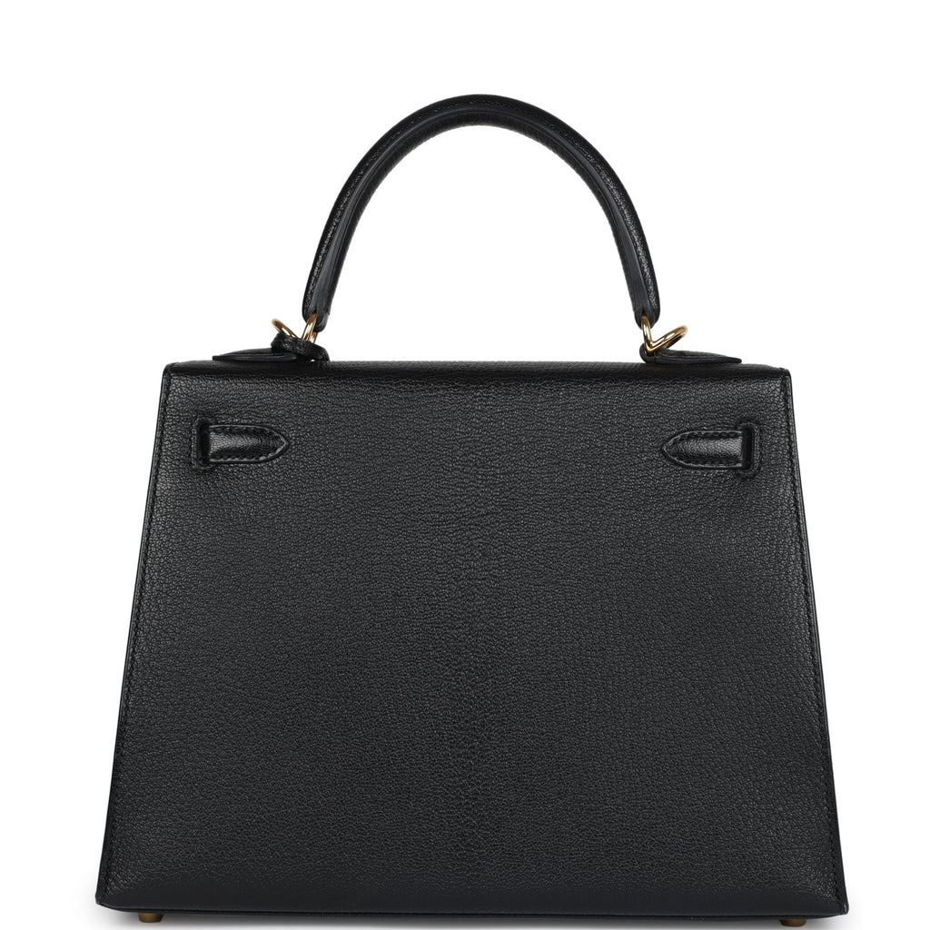 Pre-owned Hermes Kelly Sellier 25 Black Chevre Mysore Gold Hardware