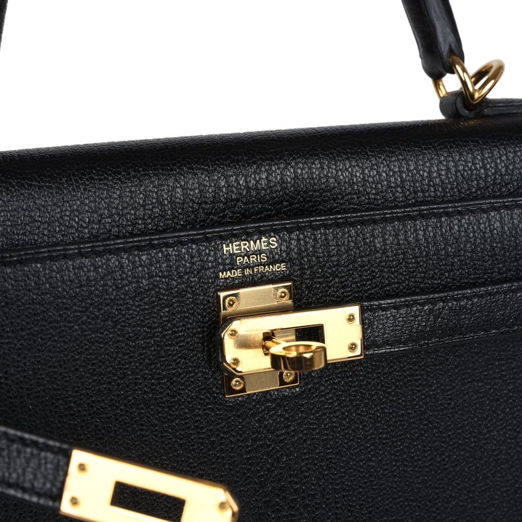 Pre-owned Hermes Kelly Sellier 25 Black Chevre Mysore Gold Hardware