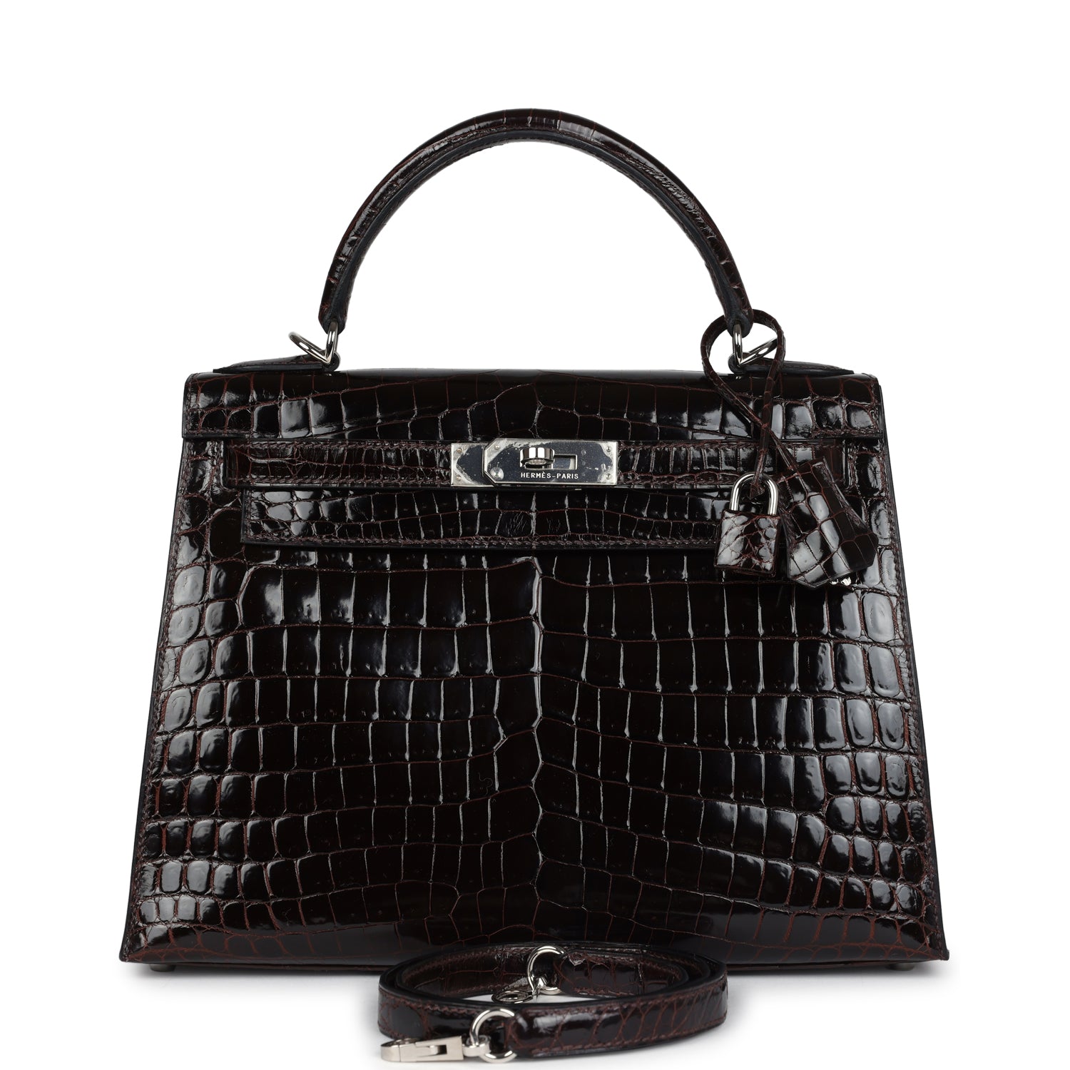 New Hermes Kelly Sellier 28 Cocoan Shiny Niloticus Crocodile Palladium Hardware