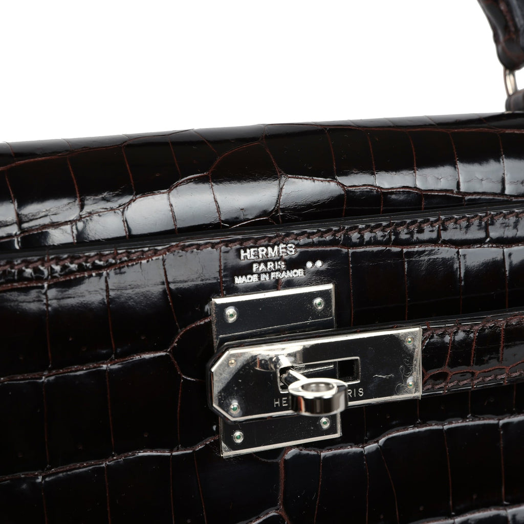 New Hermes Kelly Sellier 28 Cocoan Shiny Niloticus Crocodile Palladium Hardware