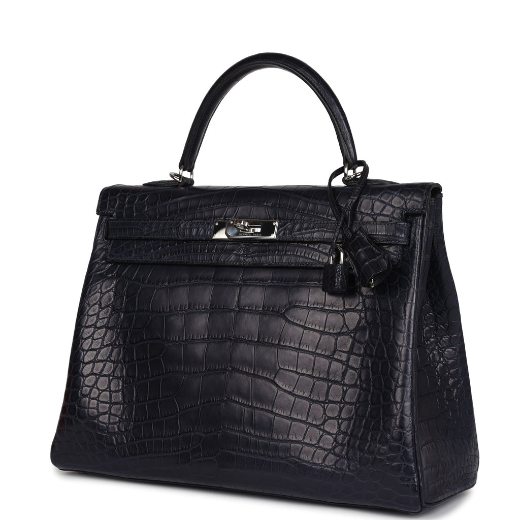 Hermes Kelly Retourne 35 Bleu Indigo Matte Alligator Palladium Hardware