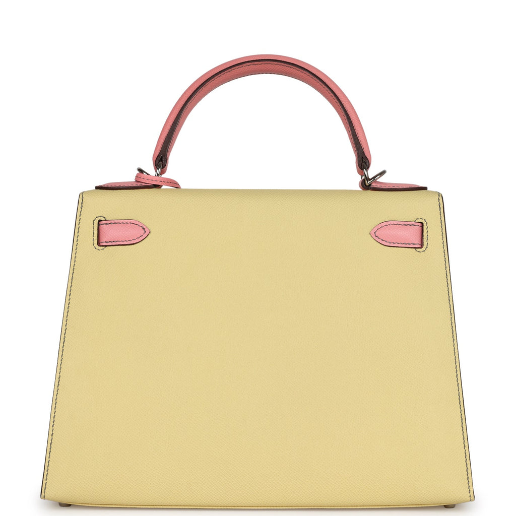 New Hermes Special Order (HSS) Kelly Sellier 28 Rose Confetti and Jaune Poussin Epsom Palladium Hardware