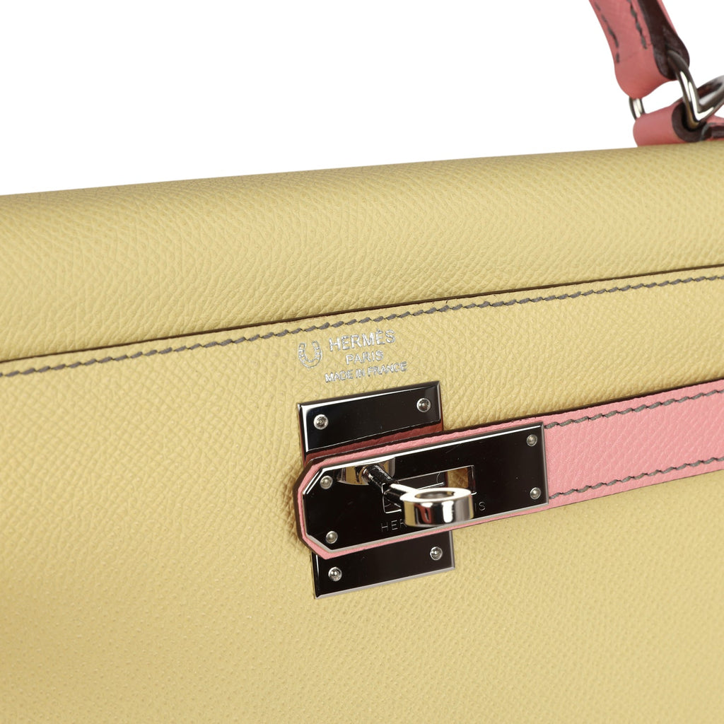 Pre-owned Hermes Special Order (HSS) Kelly Sellier 28 Rose Confetti and Jaune Poussin Epsom Palladium Hardware