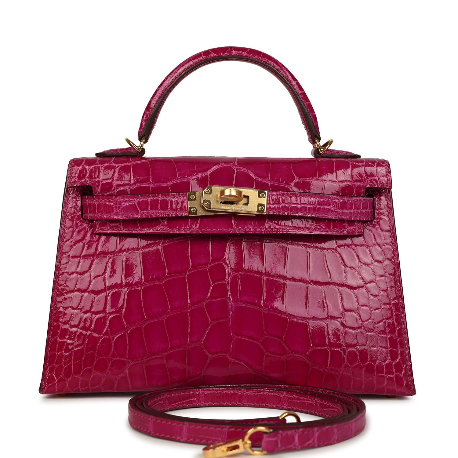 Hermes Kelly Sellier 20 Rose Scheherazade Shiny Alligator Gold Hardware