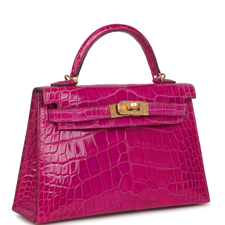 Pre-owned Hermes Kelly Sellier 20 Rose Scheherazade Shiny Alligator Gold Hardware