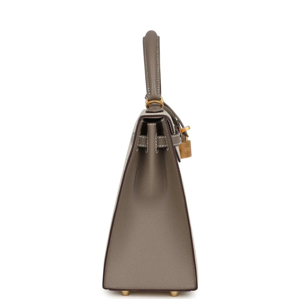 Hermes Special Order (HSS) Kelly Sellier 25 Craie and Gris Asphalte Epsom Brushed Gold Hardware