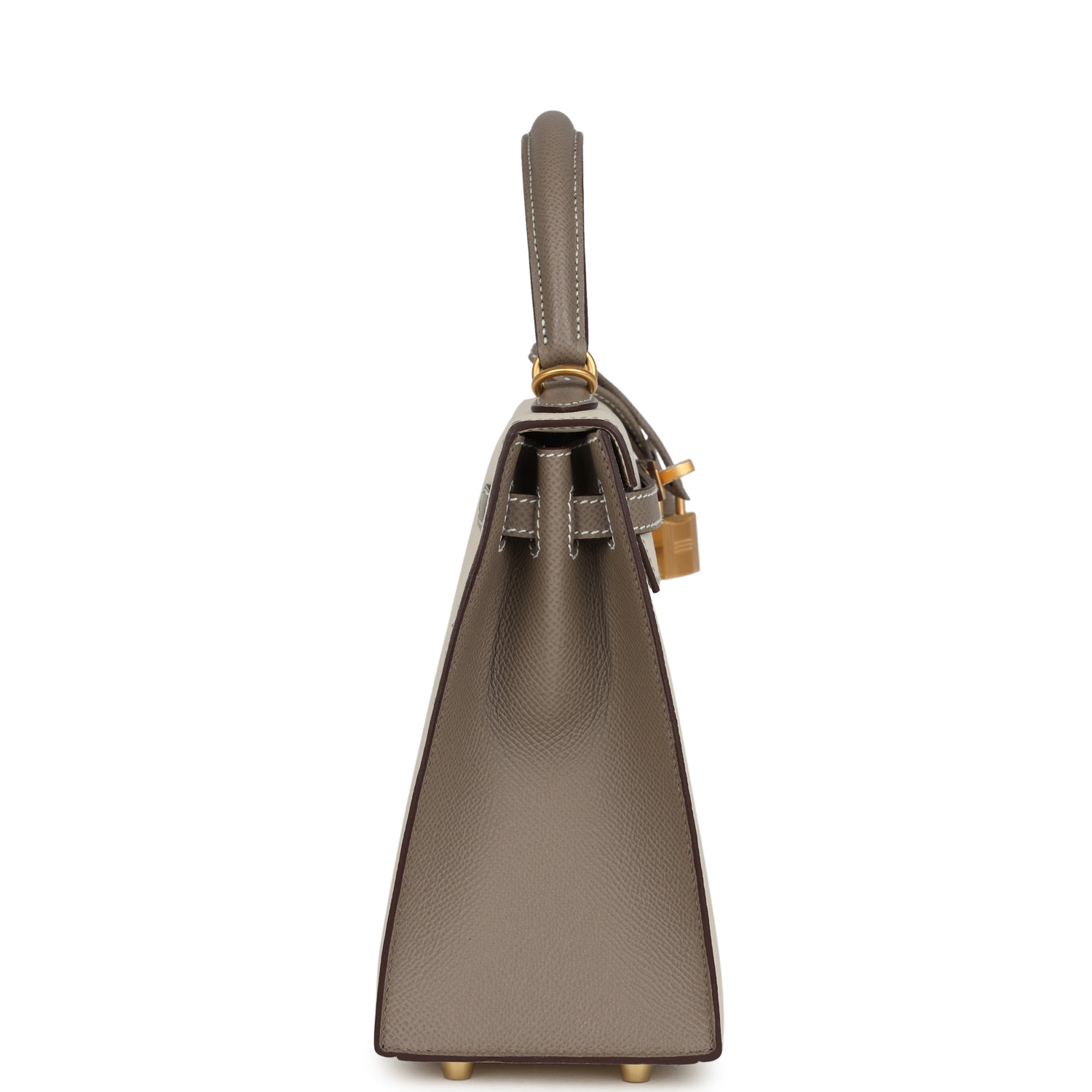 Hermes Special Order (HSS) Kelly Sellier 25 Craie and Gris Asphalte Epsom Brushed Gold Hardware