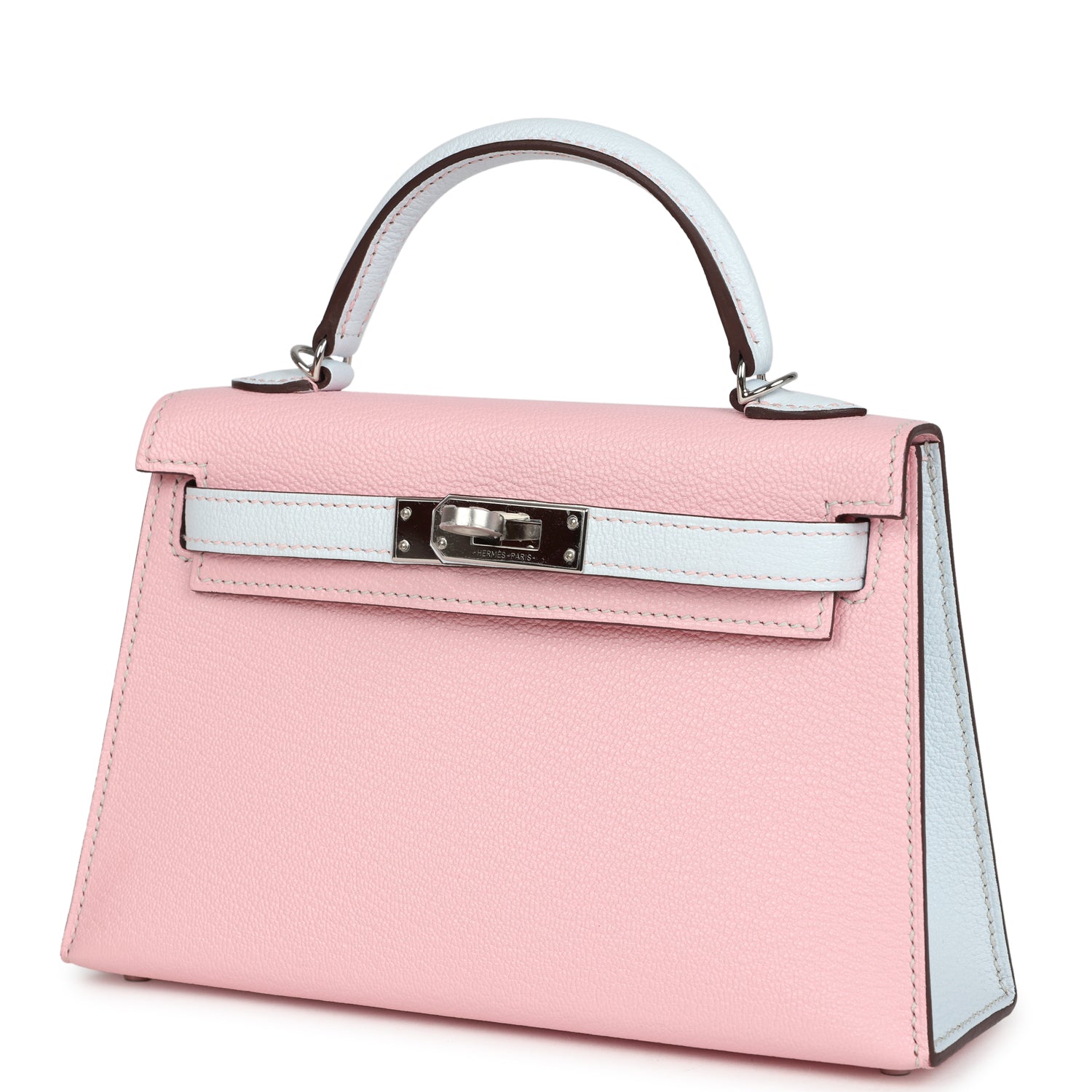Hermes Special Order (HSS) Kelly Sellier 20 Rose Sakura and Bleu Brume Chevre Palladium Hardware