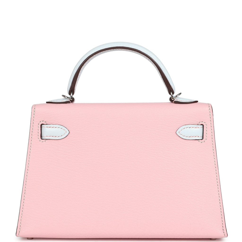 Hermes Special Order (HSS) Kelly Sellier 20 Rose Sakura and Bleu Brume Chevre Palladium Hardware