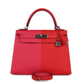 Pre-owned Hermes Kelly Sellier 28 Casaque Rouge De Coeur, Rose Extreme and Bleu Zanzibar Epsom Palladium Hardware