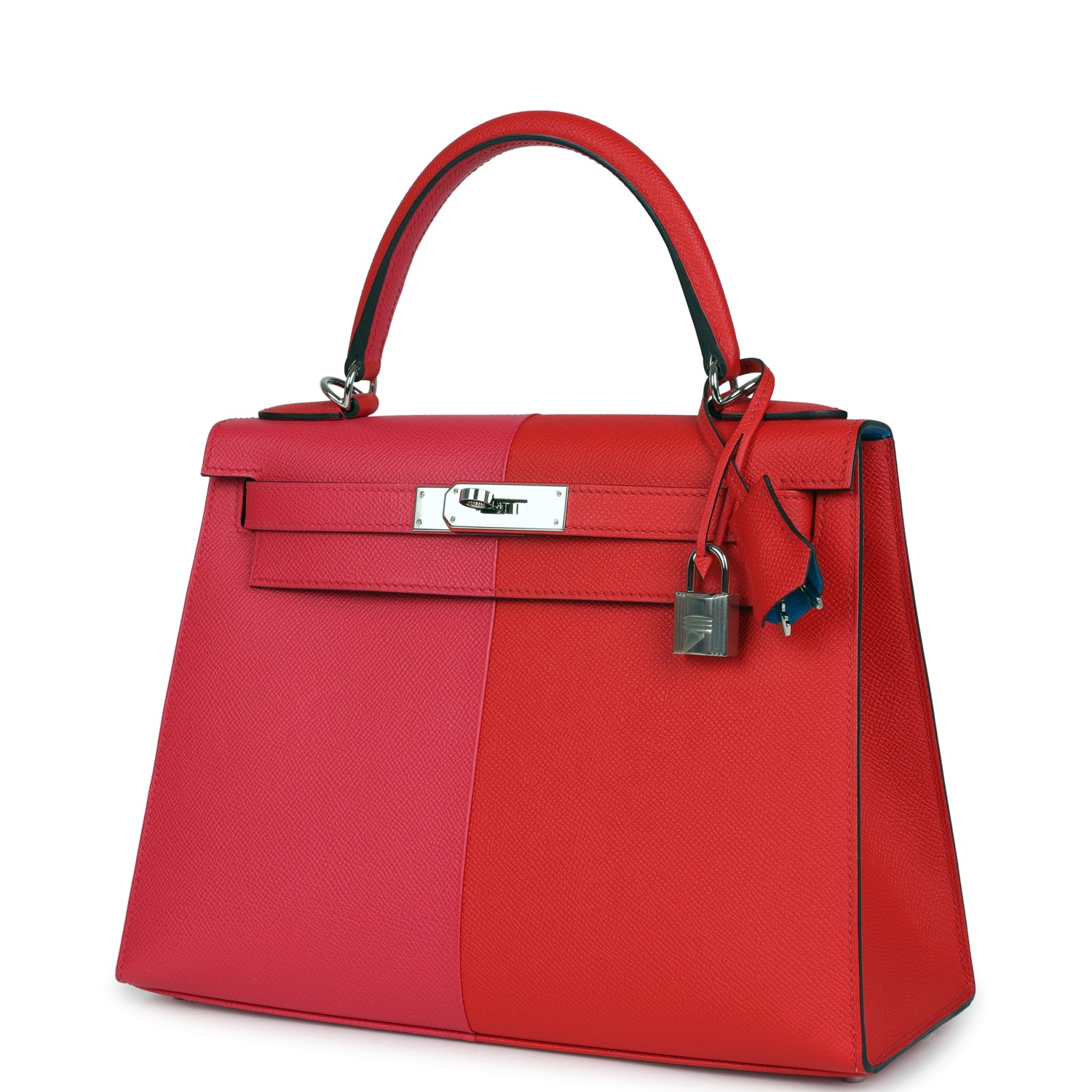 Pre-owned Hermes Kelly Sellier 28 Casaque Rouge De Coeur, Rose Extreme and Bleu Zanzibar Epsom Palladium Hardware