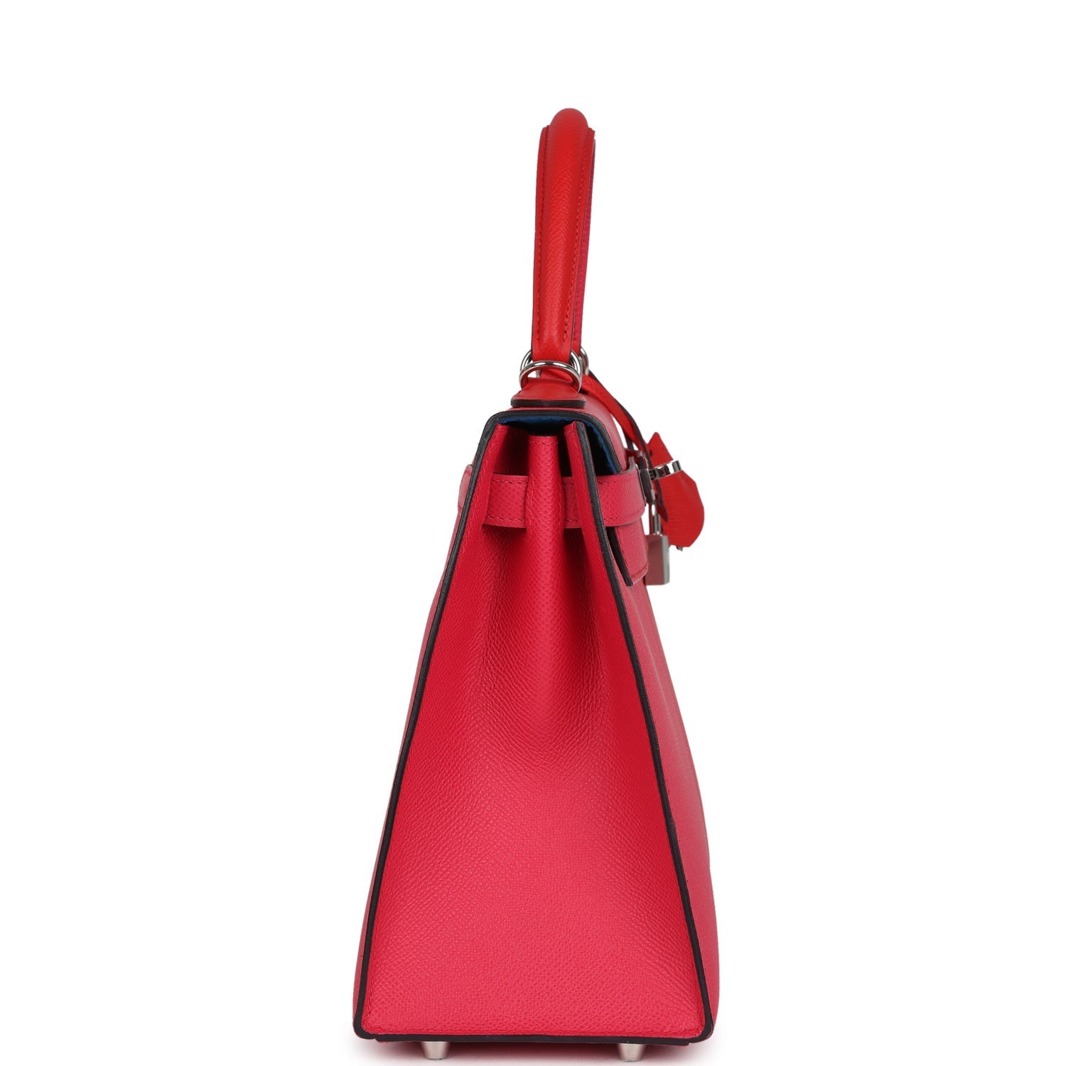 Pre-owned Hermes Kelly Sellier 28 Casaque Rouge De Coeur, Rose Extreme and Bleu Zanzibar Epsom Palladium Hardware