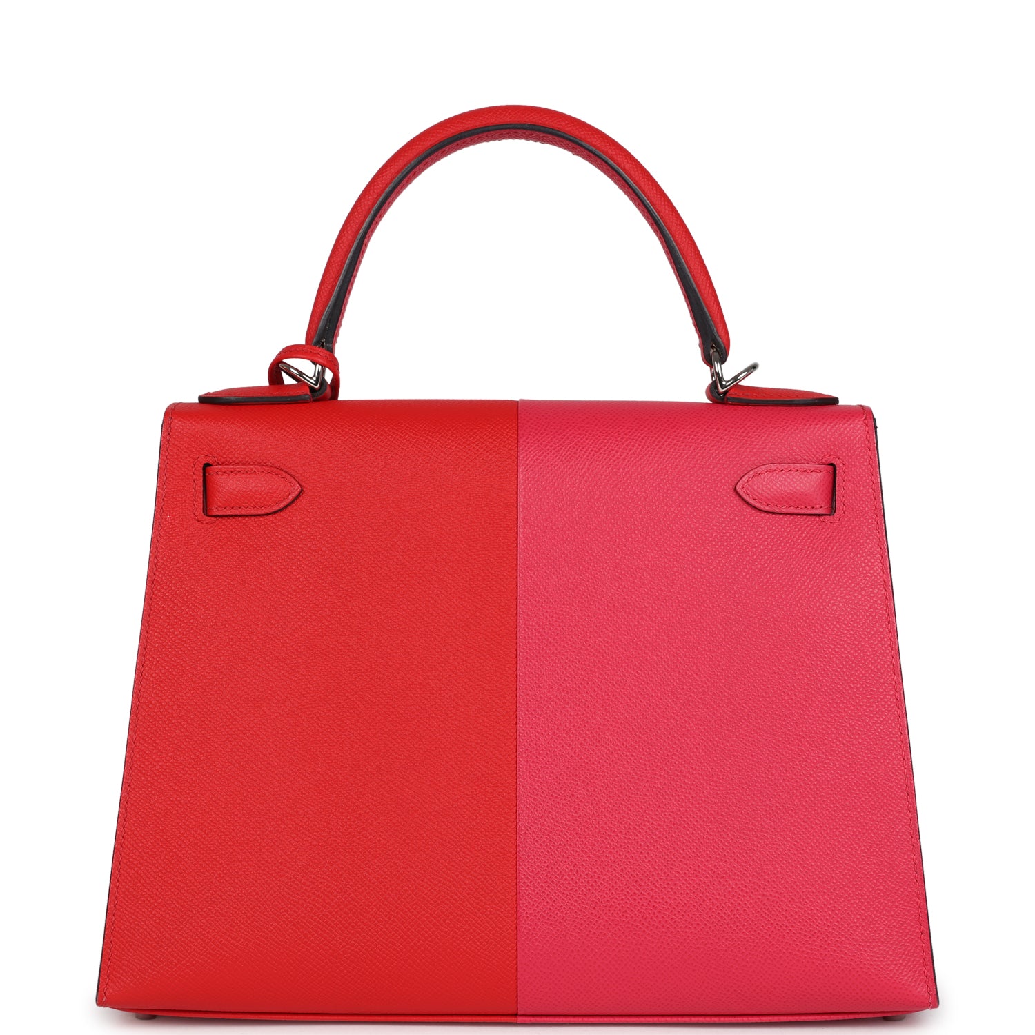Pre-owned Hermes Kelly Sellier 28 Casaque Rouge De Coeur, Rose Extreme and Bleu Zanzibar Epsom Palladium Hardware