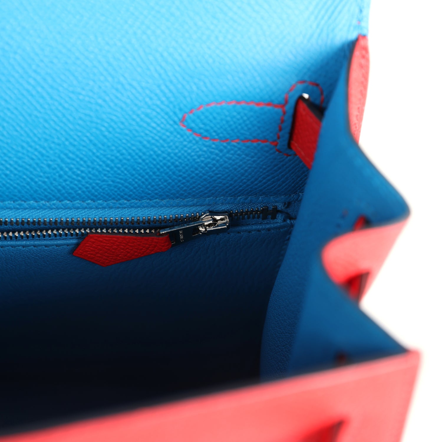 Pre-owned Hermes Kelly Sellier 28 Casaque Rouge De Coeur, Rose Extreme and Bleu Zanzibar Epsom Palladium Hardware