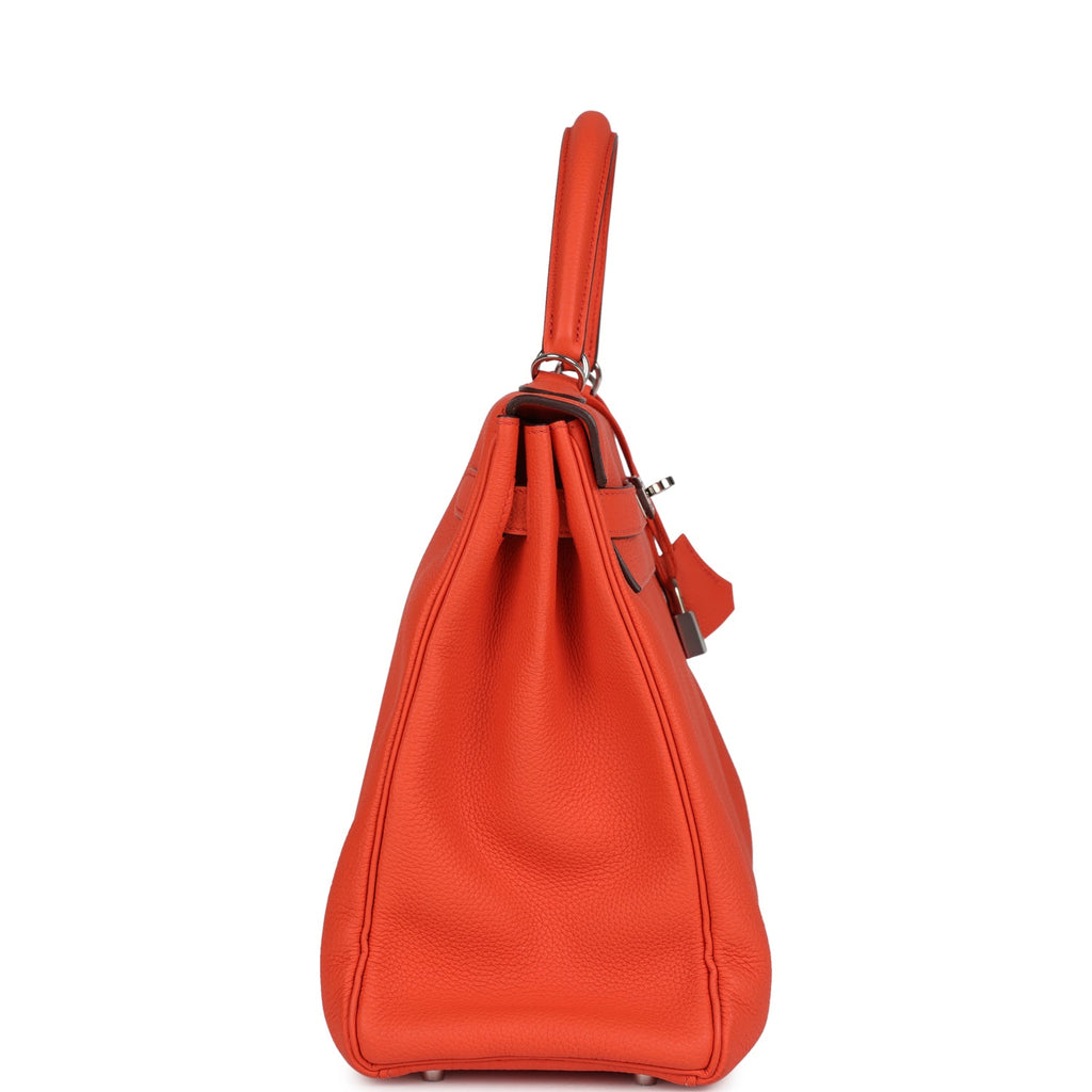 Pre-owned Hermes Kelly Retourne 35 Orange Poppy Togo Palladium Hardware