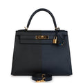 Pre-owned Hermes Kelly Sellier 28 Casaque Bleu Indigo and Black Epsom Gold Hardware
