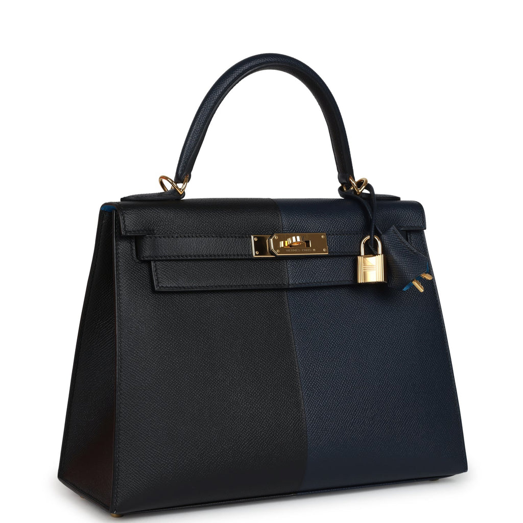 Pre-owned Hermes Kelly Sellier 28 Casaque Bleu Indigo and Black Epsom Gold Hardware
