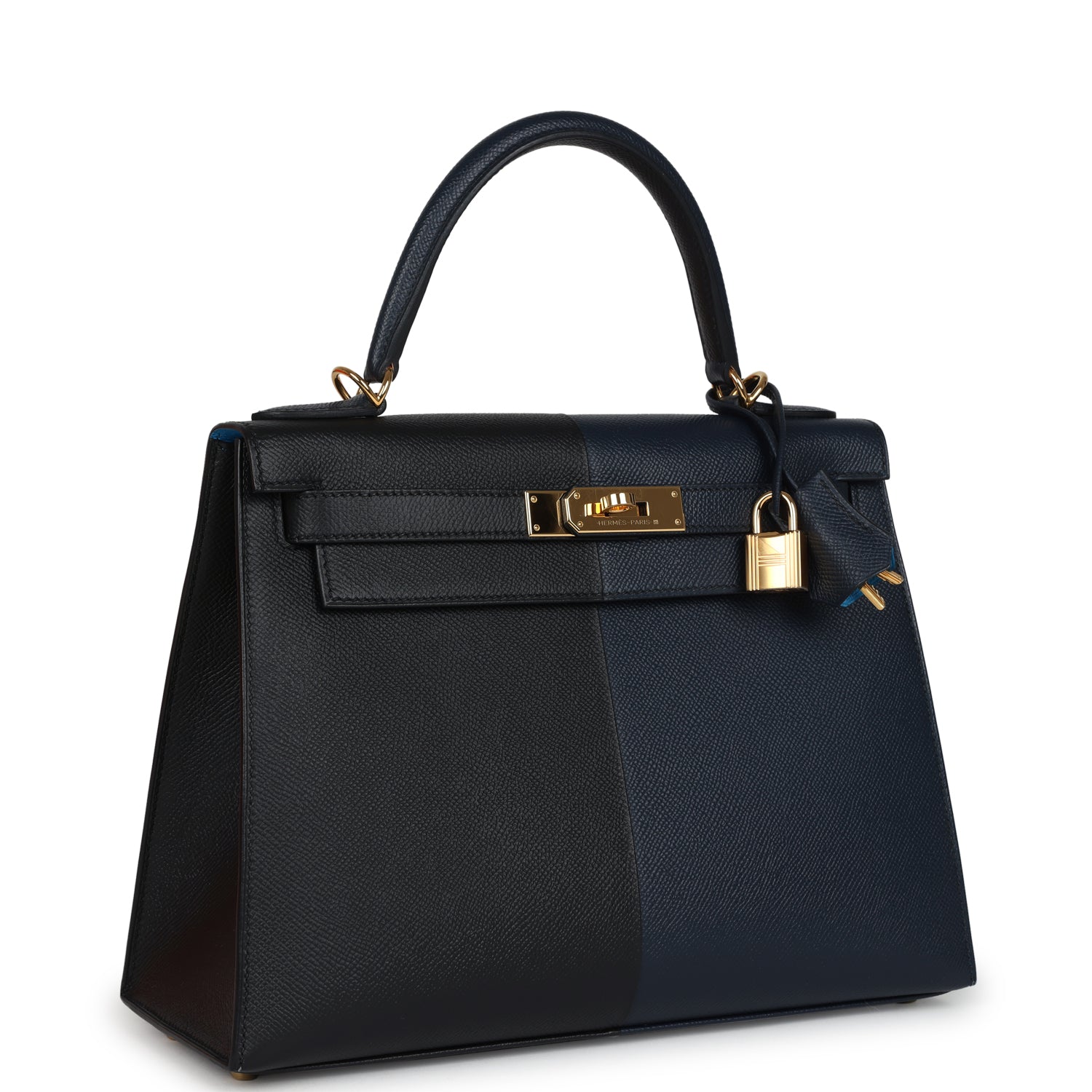Pre-owned Hermes Kelly Sellier 28 Casaque Bleu Indigo and Black Epsom Gold Hardware