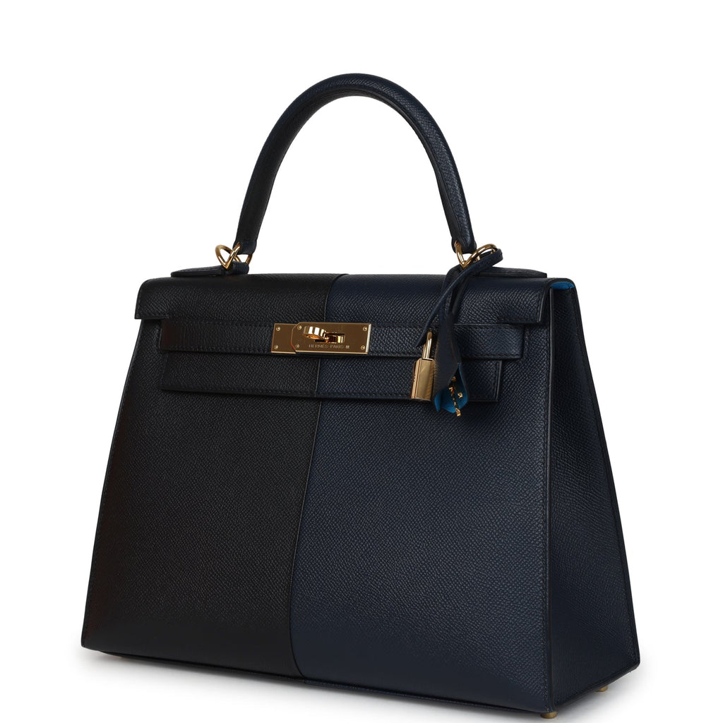 Pre-owned Hermes Kelly Sellier 28 Casaque Bleu Indigo and Black Epsom Gold Hardware