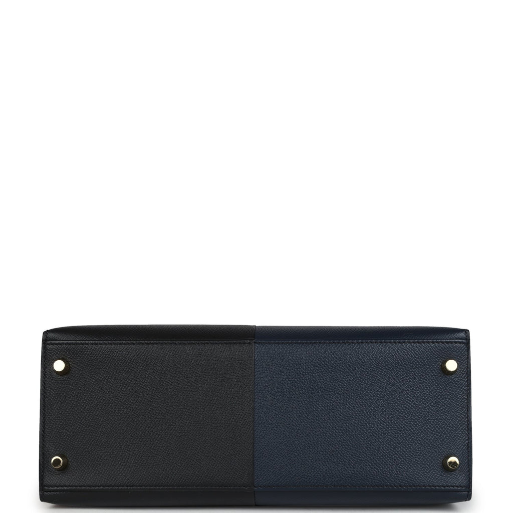 Pre-owned Hermes Kelly Sellier 28 Casaque Bleu Indigo and Black Epsom Gold Hardware