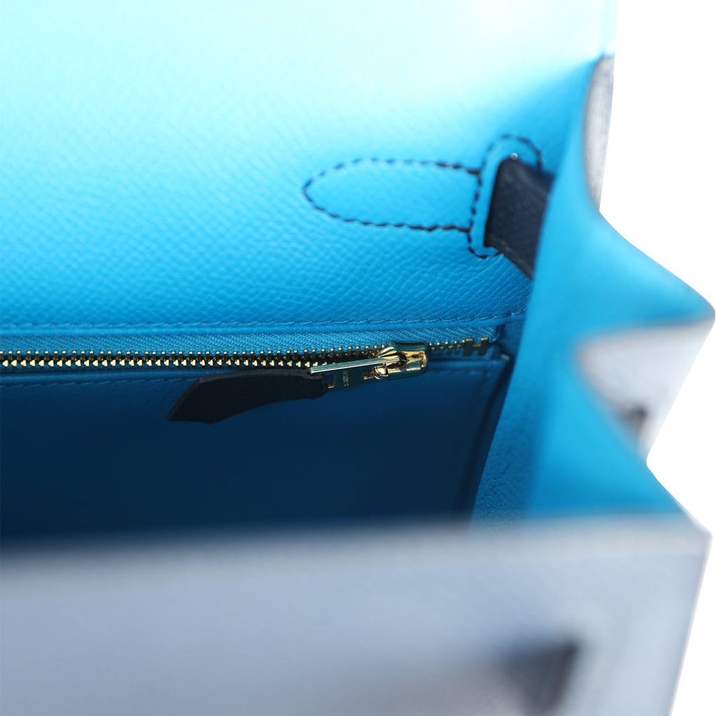 Pre-owned Hermes Kelly Sellier 28 Casaque Bleu Indigo and Black Epsom Gold Hardware